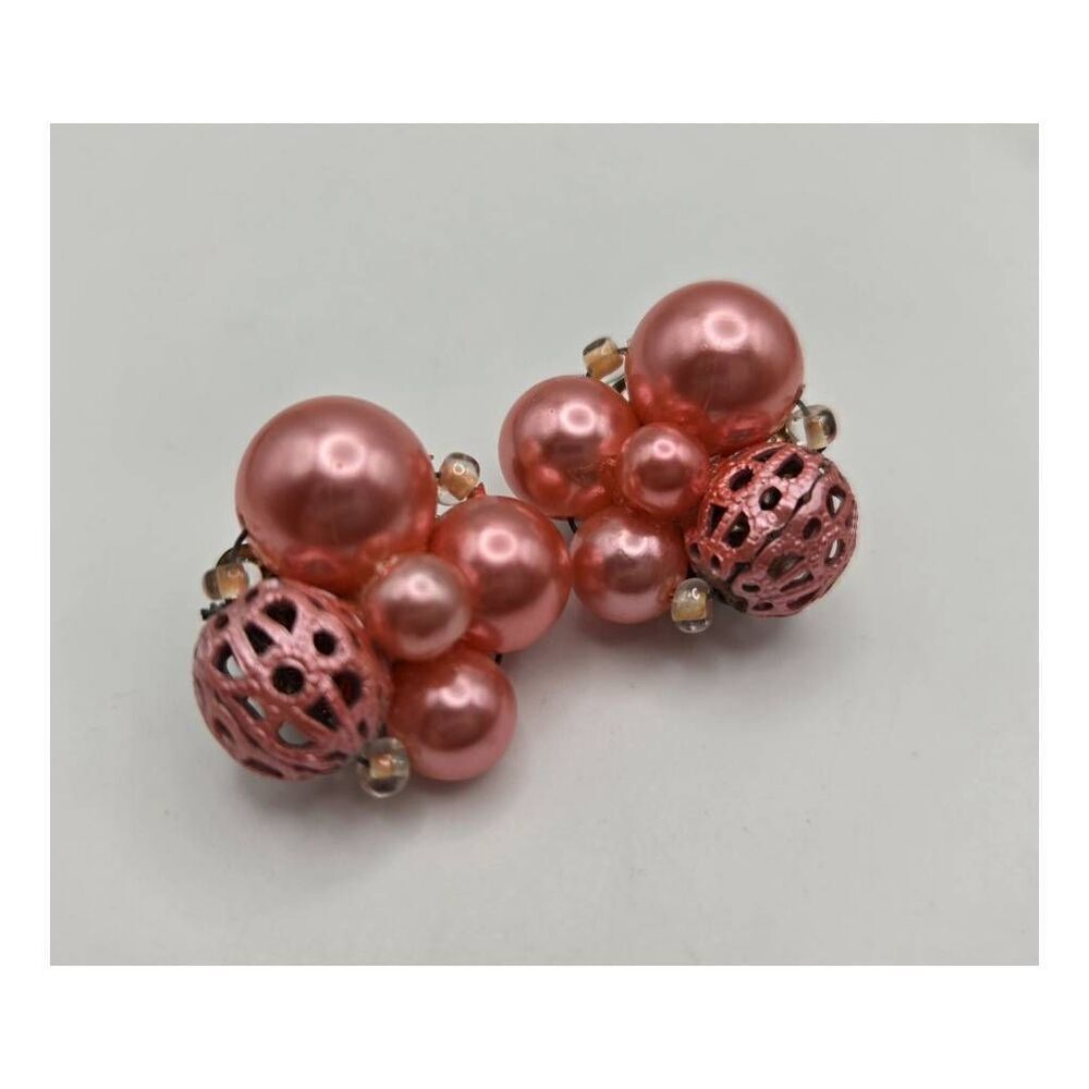 Vintage 1950's Pink On Pink Beaded Clusters Earrings
